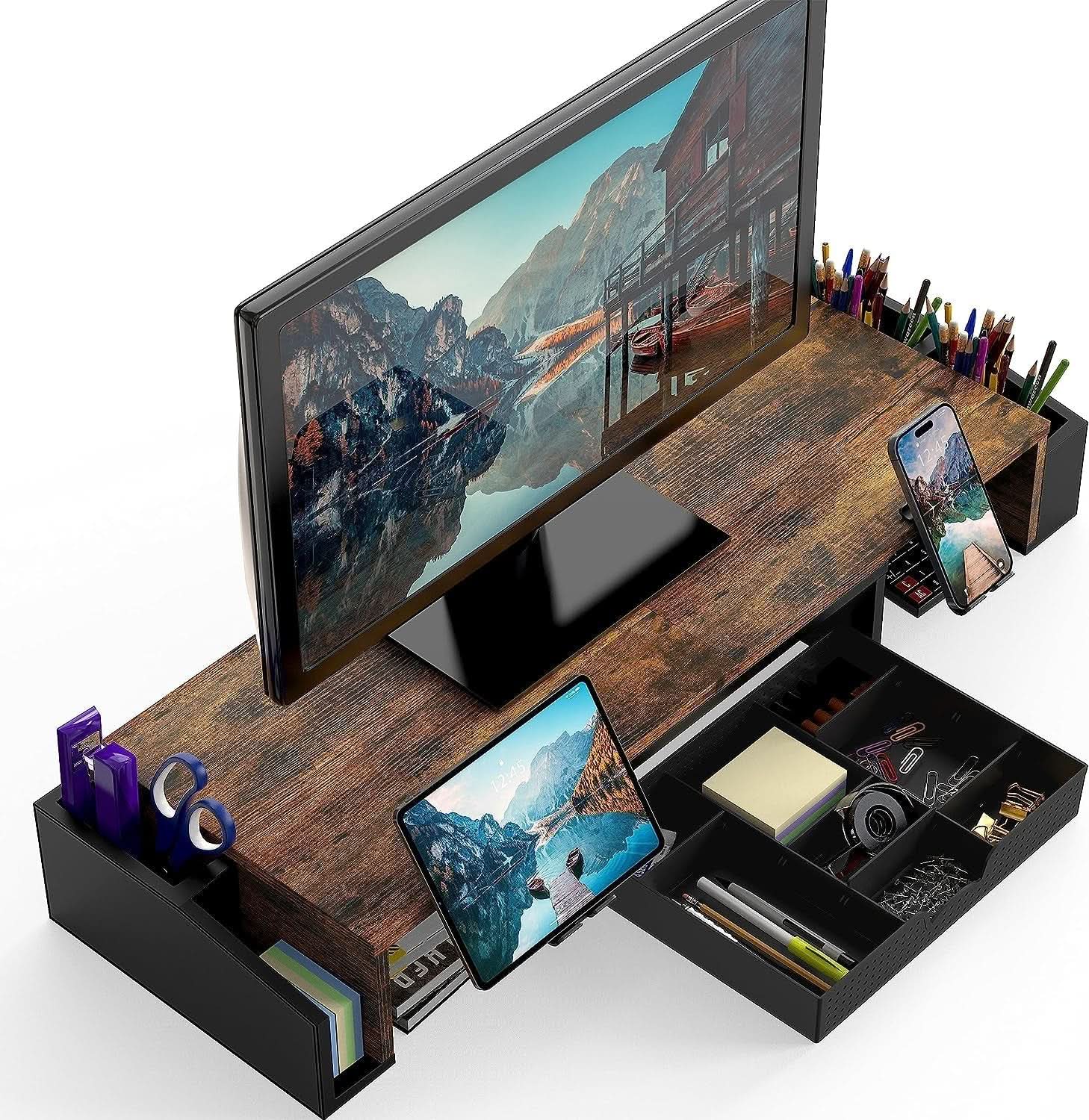 Desk Dual Monitor Stand Riser With Drawer Rustic Brown-1