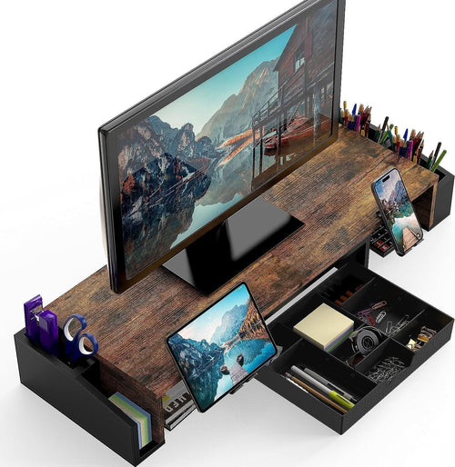 Desk Dual Monitor Stand Riser With Drawer Rustic Brown-1