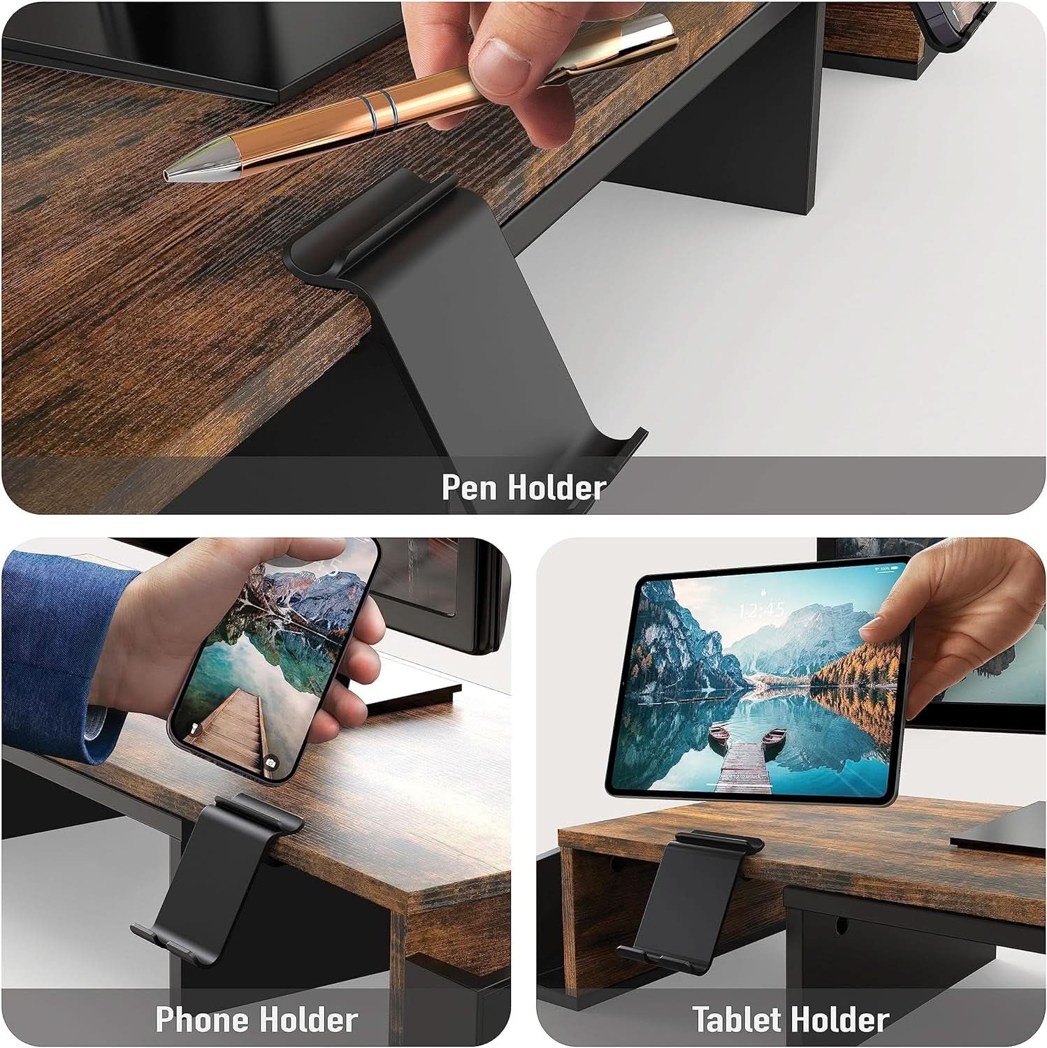 Desk Dual Monitor Stand Riser With Drawer Rustic Brown-3