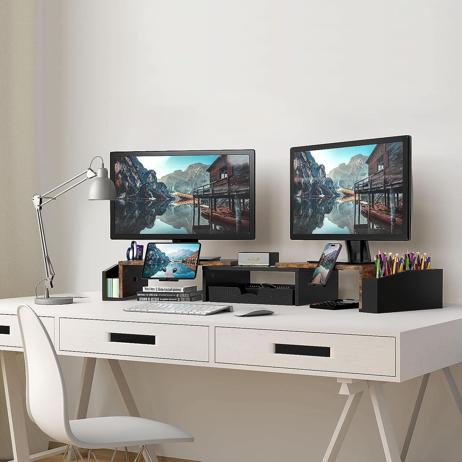 Desk Dual Monitor Stand Riser With Drawer Rustic Brown-4
