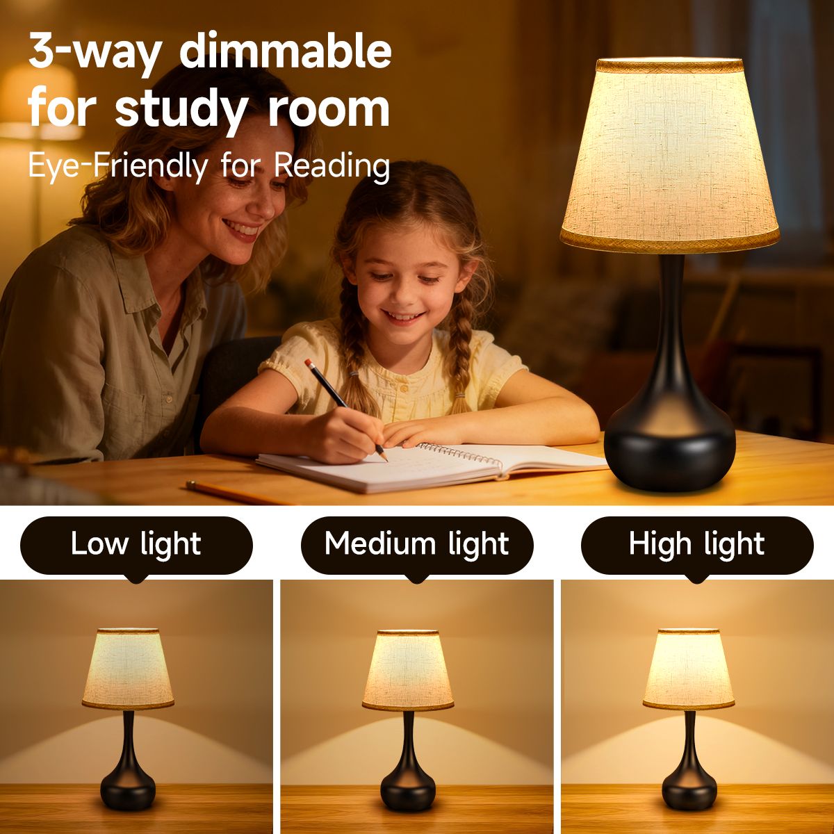 3-Way Dimmable Set of 2 Small Bedside Lamps-3